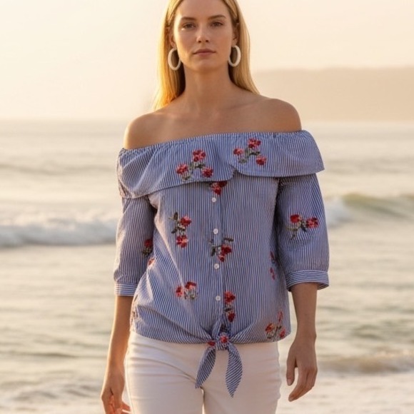 Tops - Haute Project LA Blue Stripe Floral Embroidered Tie Front Off Shoulder Top M